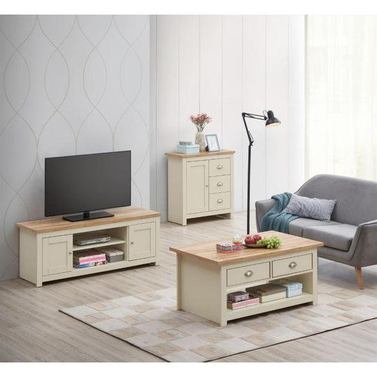 Ite 3 Piece Living Room Set 2 Door TV Unit, 1 Door Sideboard, 2 Drawer Coffee Table - Cream & Oak Effect