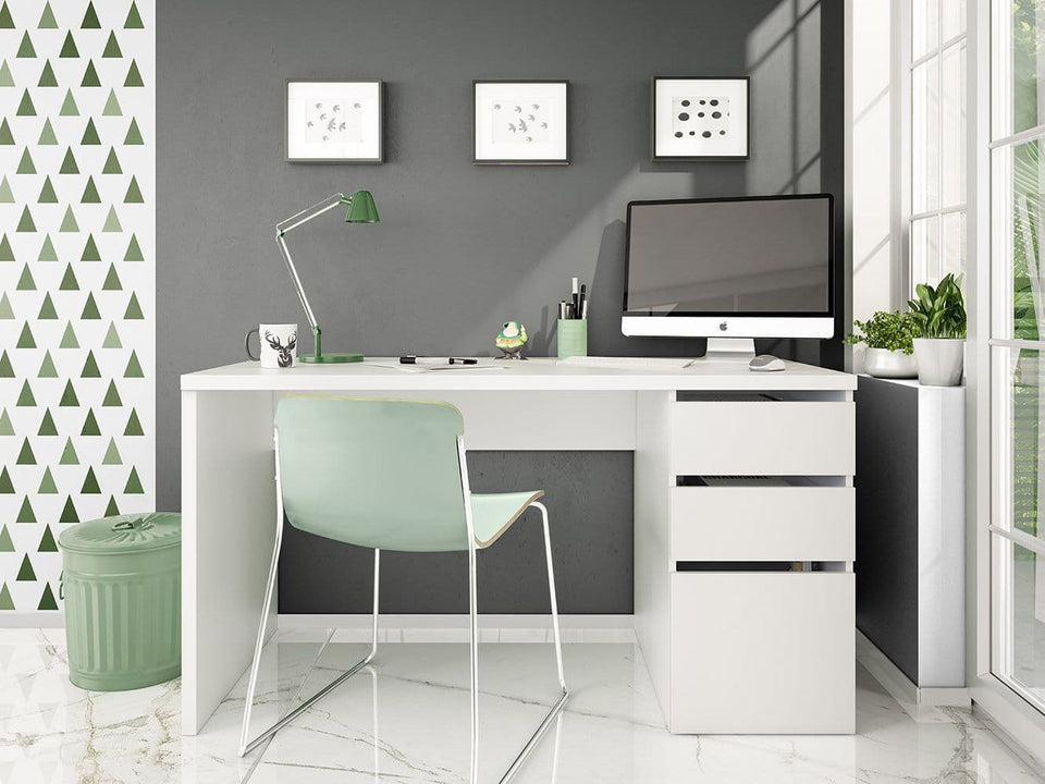 Sable Arctic White Home Office Computer Desk with Cupboard and Drawers – Modern Study Table for Laptop or Work Use