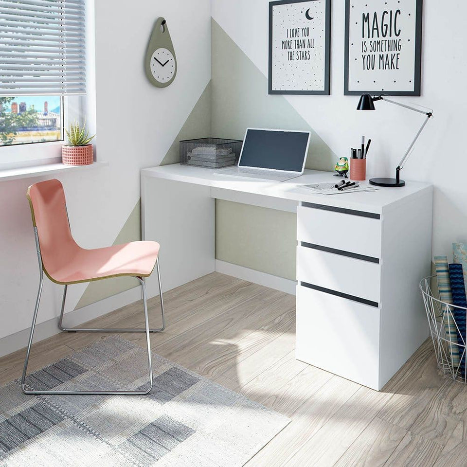 Sable Arctic White Home Office Computer Desk with Cupboard and Drawers – Modern Study Table for Laptop or Work Use