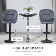 Set of 2 Dark Grey Adjustable Swivel Bar Stools | Upholstered Kitchen Counter Stools with Back for Home Bar and Café