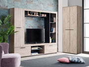 Grey oak effect and black entertainment unit with 3 doors and 6 shelves, Lavish Kitchen Isle TV cabinet for living room storage.