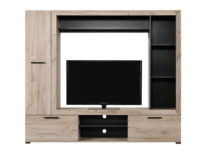 Ferro Modern TV Stand Cabinet Unit Grey Oak Effect and Black Entertainment Wall TV Cabinet 195cm Wide