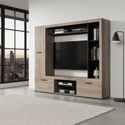 Lavish Kitchen Isle grey oak effect and black entertainment unit with 3 doors and 6 shelves for TV and media storage.