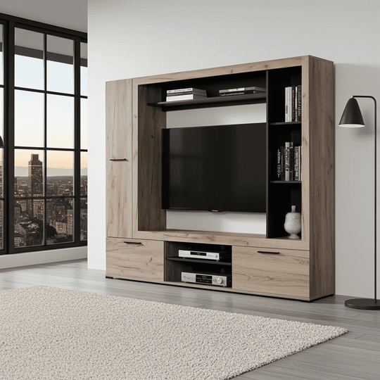 Grey Oak Effect and Black Entertainment Unit with 3 Doors and 6 Shelves
