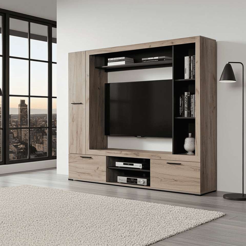 Lavish Kitchen Isle grey oak effect and black entertainment unit with 3 doors and 6 shelves for TV and media storage.