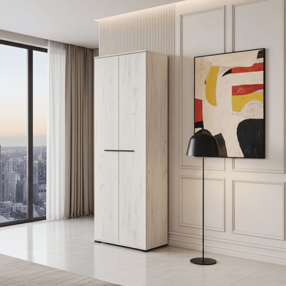 Lavish Kitchen Isle space-saving 2-door wardrobe in lucerne oak finish, ideal for compact bedrooms with sleek storage design.