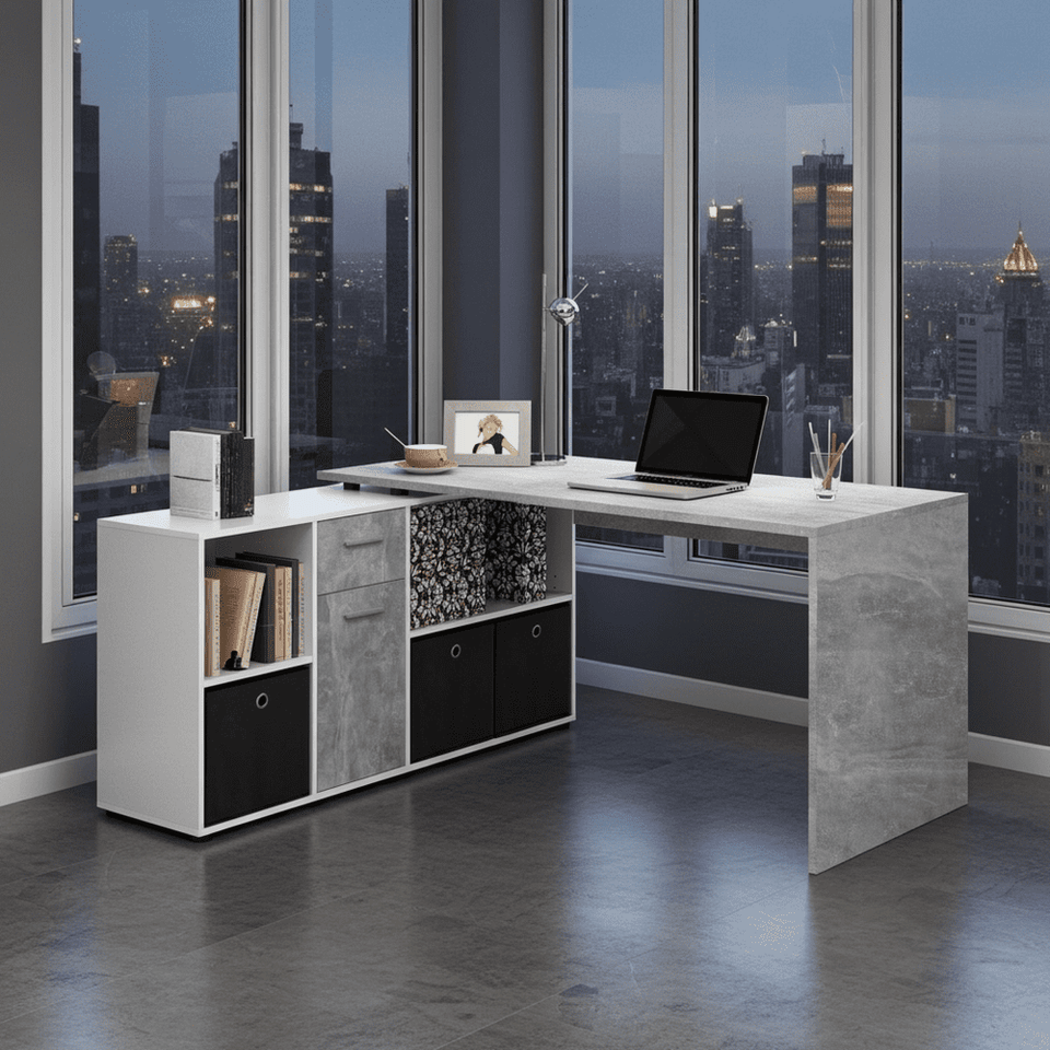 Lavish Kitchen Isle Alp concrete grey and white corner desk with versatile, flexible office design, shown in a modern workspace.