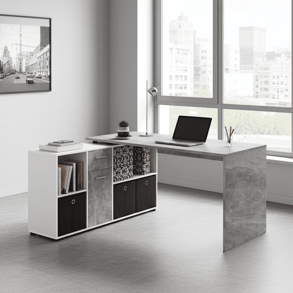 Lavish Kitchen Isle Alp Concrete Grey and White corner desk with modern design, versatile office workspace, and flexible layout.