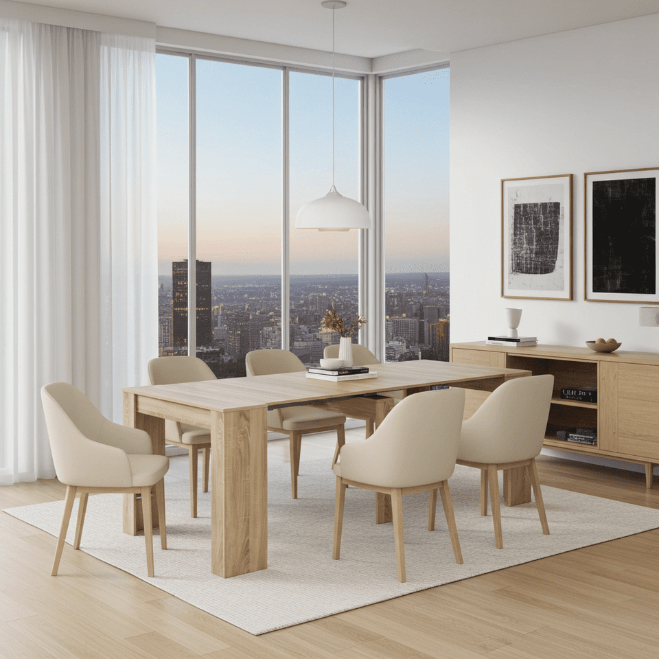 Oak effect extending dining table by Lavish Kitchen Isle, shown extended with 7-10 day delivery, featuring a sleek, modern design.