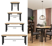 Lavish Kitchen Isle Wiktor round extending dining table in black and white with oak effect, adjustable from 105cm to 240cm.