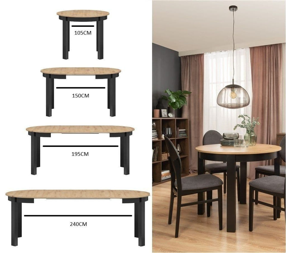 Lavish Kitchen Isle Wiktor round extending dining table in black and white with oak effect, adjustable from 105cm to 240cm.