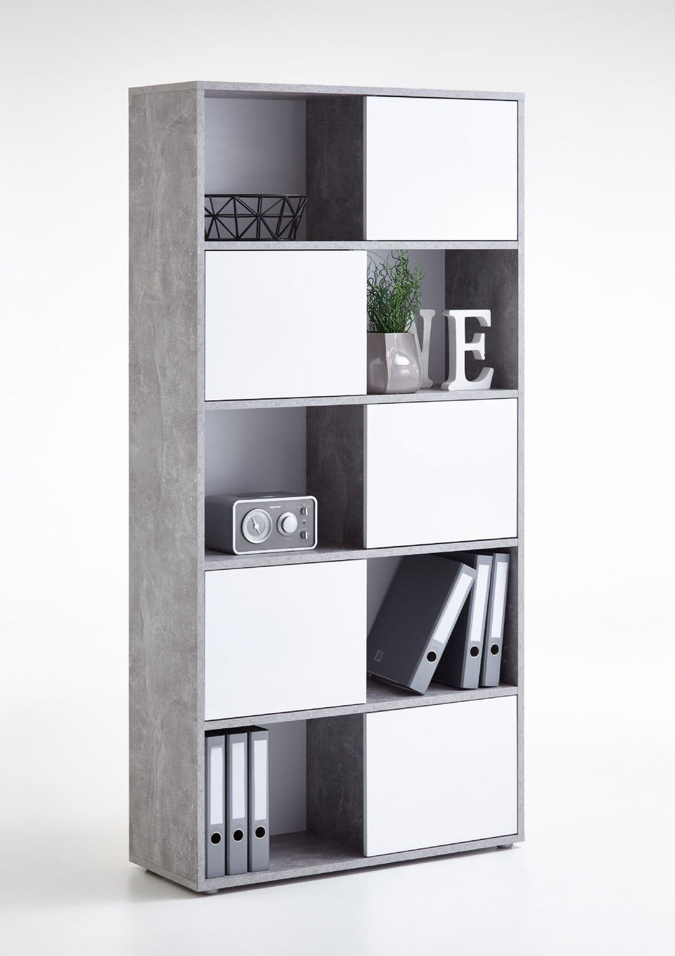 Alp Concrete Grey and White Tall Shelving Storage Book Shelves  Bookcase Unit with Adjustable Door Layout