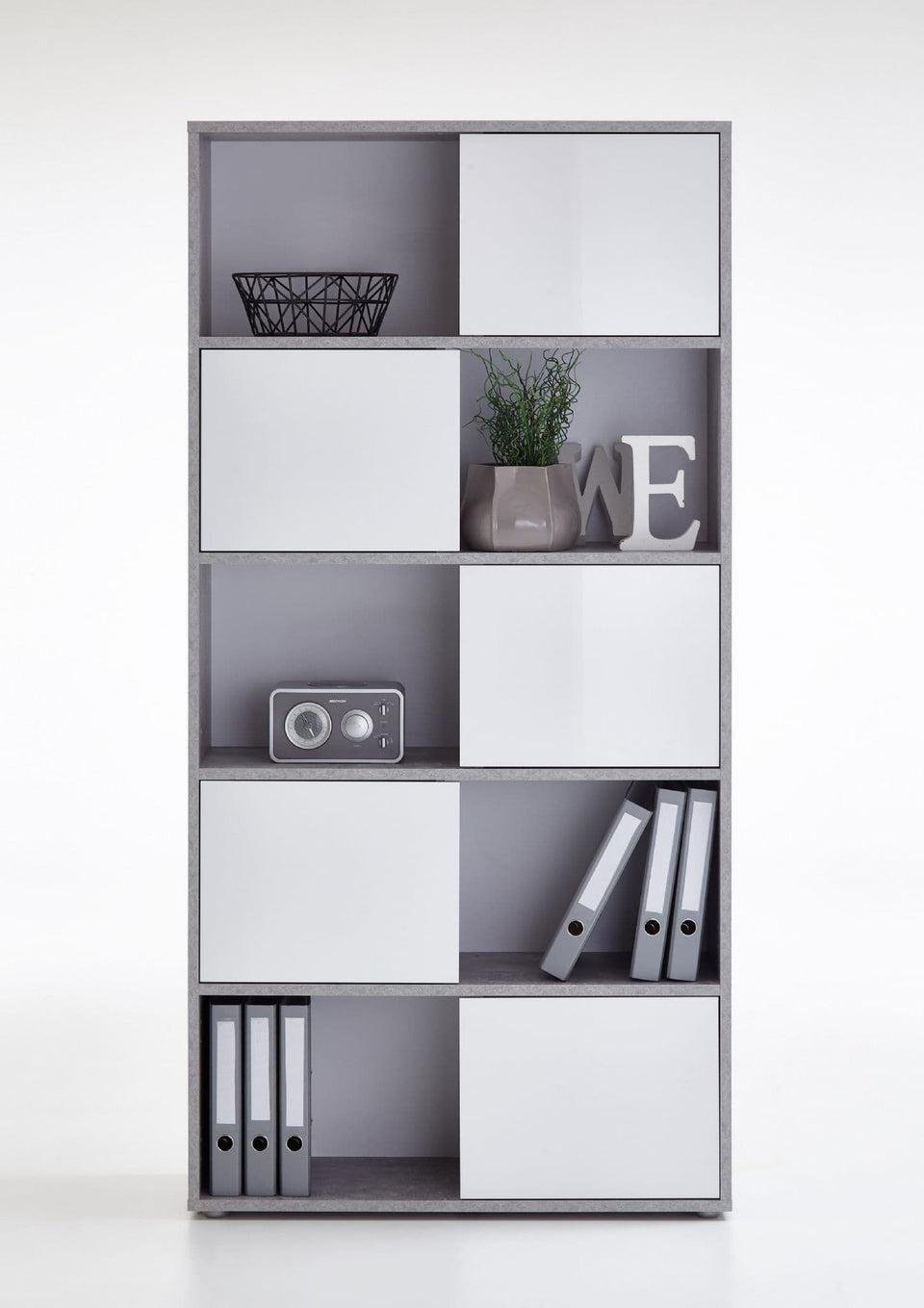 Alp Concrete Grey and White Tall Shelving Storage Book Shelves  Bookcase Unit with Adjustable Door Layout