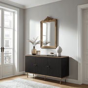 Large white and black sideboard by Lavish Kitchen Isle with gold detailing, featuring three doors and a luxurious modern design.