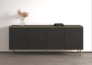 Lavish Kitchen Isle black and gold large sideboard with four doors, white and black finish, elegant gold detailing.