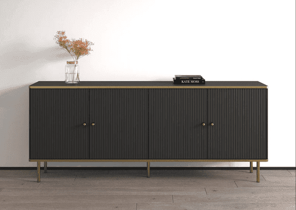 Lavish Kitchen Isle black and gold large sideboard with four doors, white and black finish, elegant gold detailing.