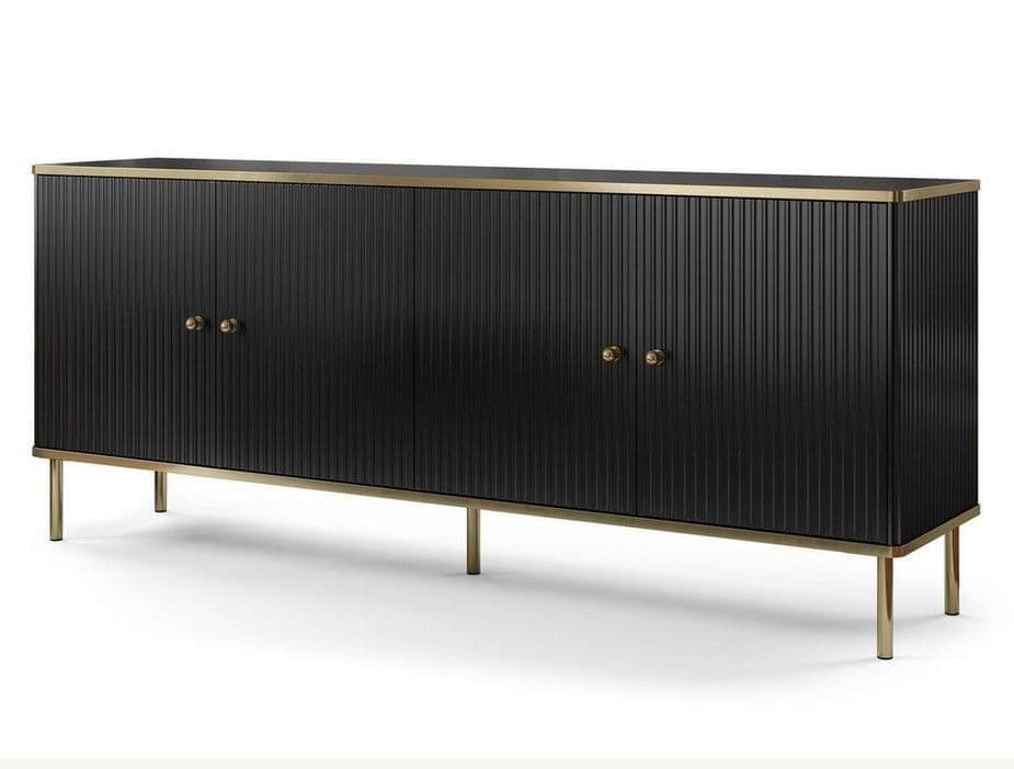 Lavish Kitchen Isle black and white sideboard with gold detailing, four doors, large size, modern style, and sleek finish.