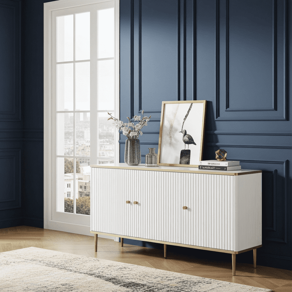 White and black large sideboard with gold detailing from Lavish Kitchen Isle, featuring three doors and elegant modern design.