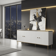 White and gold 4-door sideboard with black accents, featuring luxurious gold detailing, from Lavish Kitchen Isle.