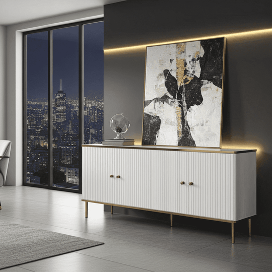 The Luxurious Extra Large Sideboard in White and Black with Gold Detailing.