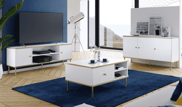 The Luxurious TV unit in White with Gold Detailing