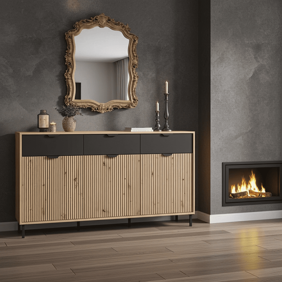 Martinique Artisan Oak Effect 3-door 3-drawer sideboard with black accents, modern storage cabinet with slatted design.
