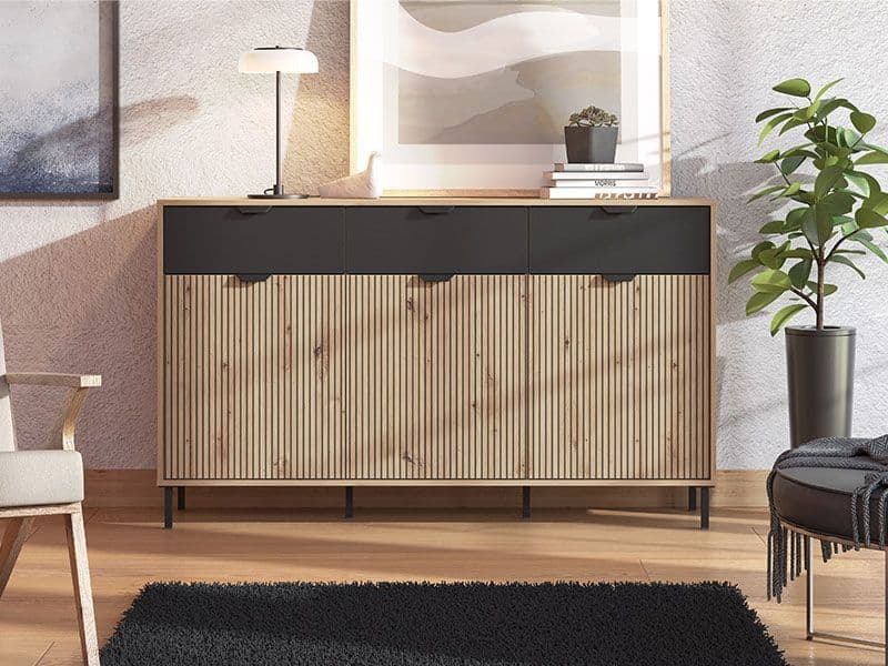 Modern Artisan Oak Effect and Black 3 Door Sideboard with Slatted Detailing – Storage for Living and Dining Room