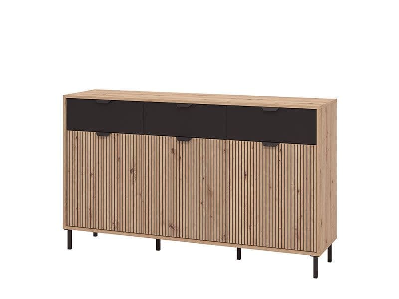 Modern Artisan Oak Effect and Black 3 Door Sideboard with Slatted Detailing – Storage for Living and Dining Room