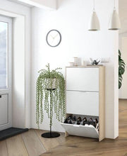 Lavish Kitchen Isle Marco white and light oak effect shoe rack cabinet with 3 folding doors, space-saving organiser for 18 pairs of shoes