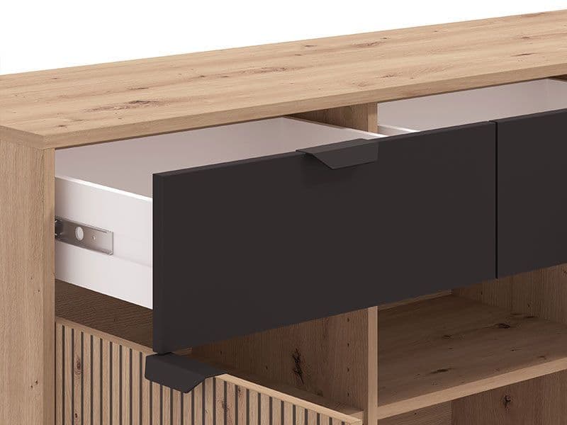 Modern Artisan Oak Effect and Black 3 Door Sideboard with Slatted Detailing – Storage for Living and Dining Room