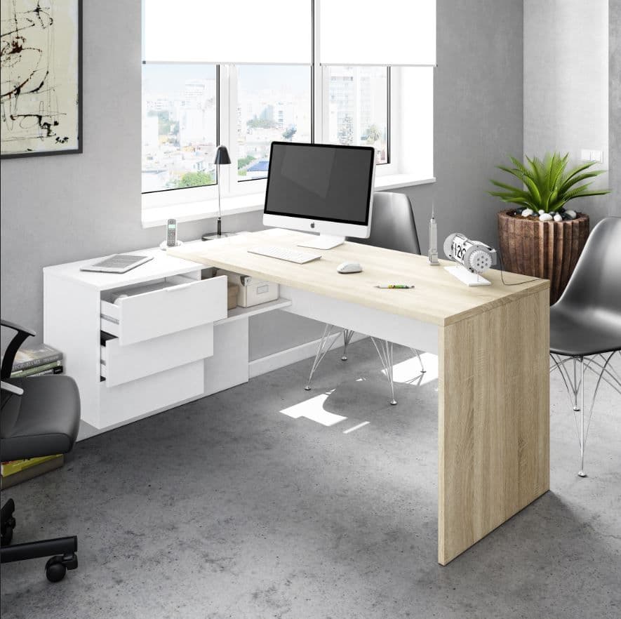 Calyx Oak and White Home Office Desk Corner Desk, Study Table, Computer Workstation with Storage