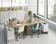 White and oak corner home office desk with storage drawers, study table and computer workstation by Lavish Kitchen Isle.