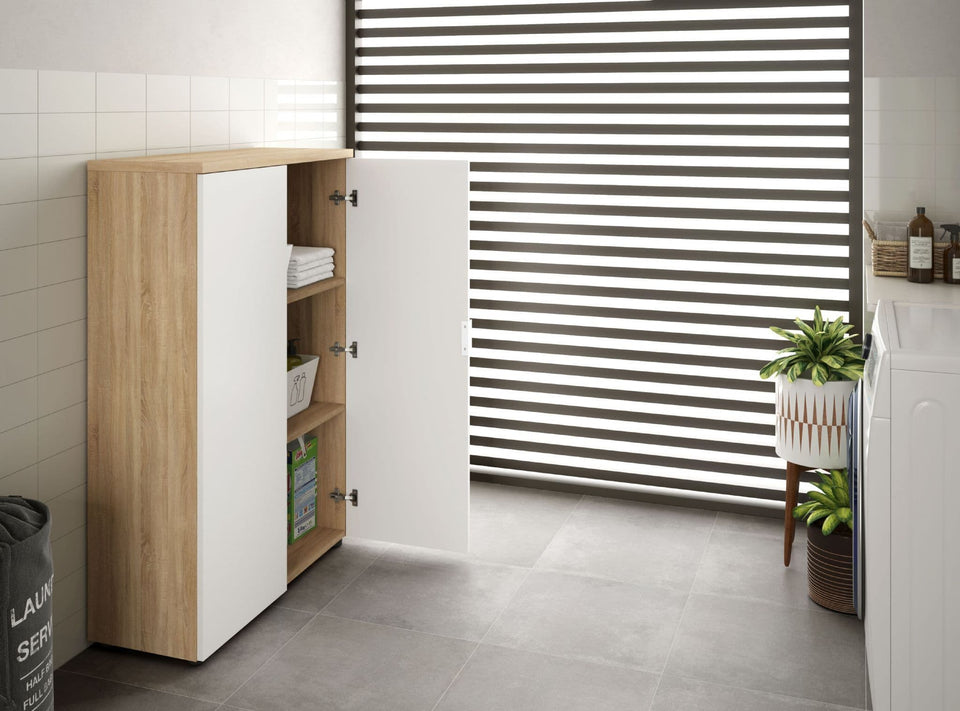 Astra Oak and White Storage Cupboard 80cm Wide 2 Doors, 2 ShelvesVersatile Storage Cabinet for Home or Office