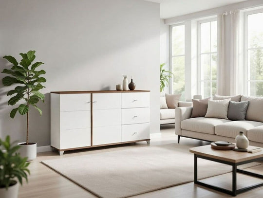 Modern white high gloss sideboard with 4 shelves and 2 doors