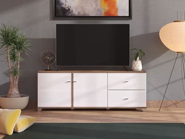 Opaline TV Stand Cabinet Unit Modern With White Gloss And Warm Oak Effect 162cm Wide Living Dining Room Furniture