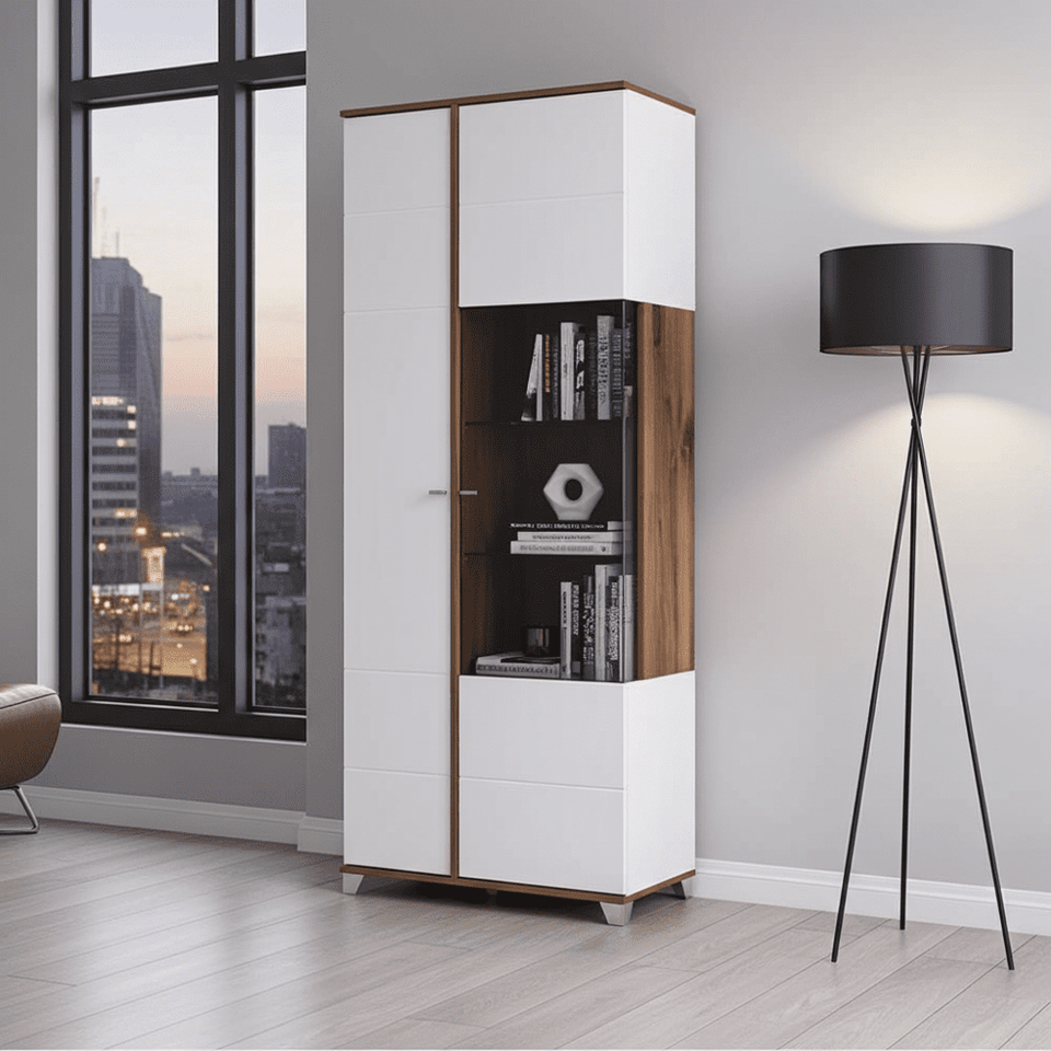 White high-gloss display cabinet with oak-effect finish and 8 shelves
