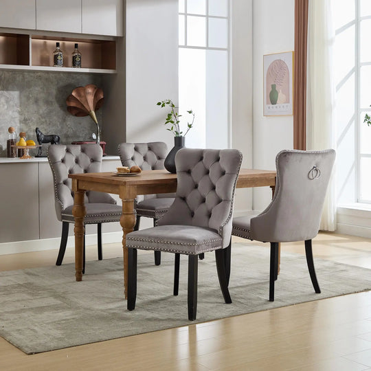 Set of 4 Grey and Biege Velvet Wingback Dining Chairs with Button Tufted Backrest and Solid Wood Legs
