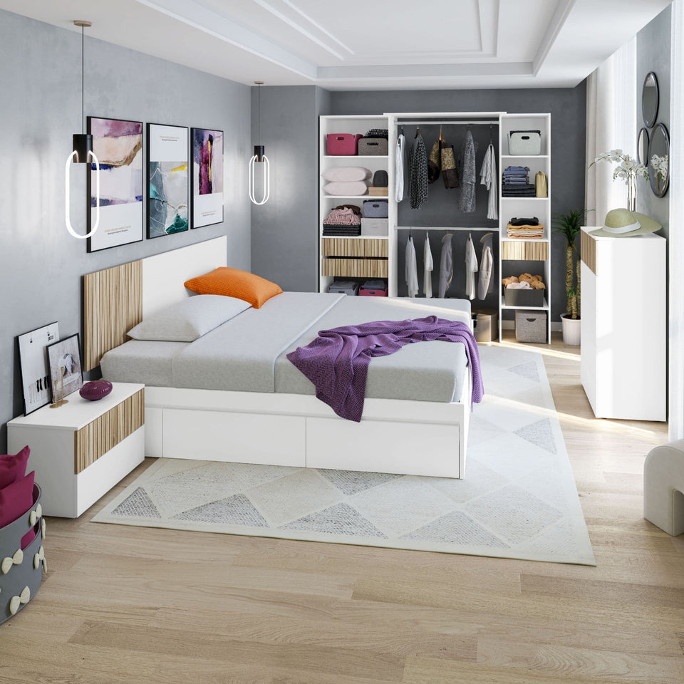 Spacious Natural Oak Effect and White 190cm Wide Wardrobe with Open Doors, Shelves, Drawers, and Hanging Rail Stylish Bedroom Storage Solution