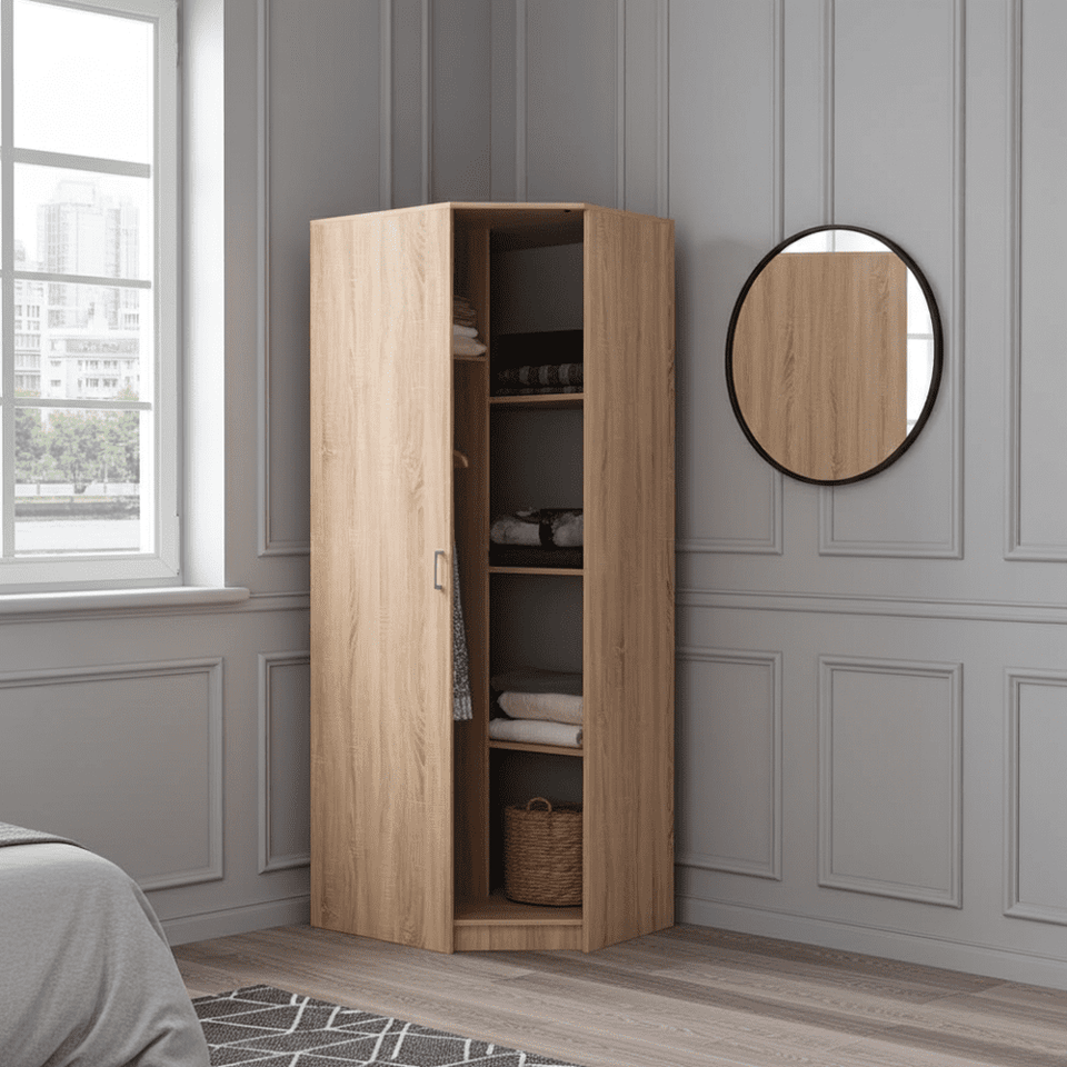 Lavish Kitchen Isle Miami Sonoma Oak effect corner wardrobe with one door, hanging rail, and shelves for organized storage.
