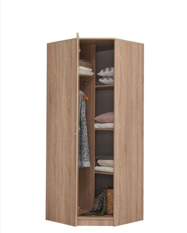 JEHO Sonoma Oak Effect 1 Door Corner Wardrobe with Hanging Rail and Shelving – Stylish Storage Solution for Bedrooms