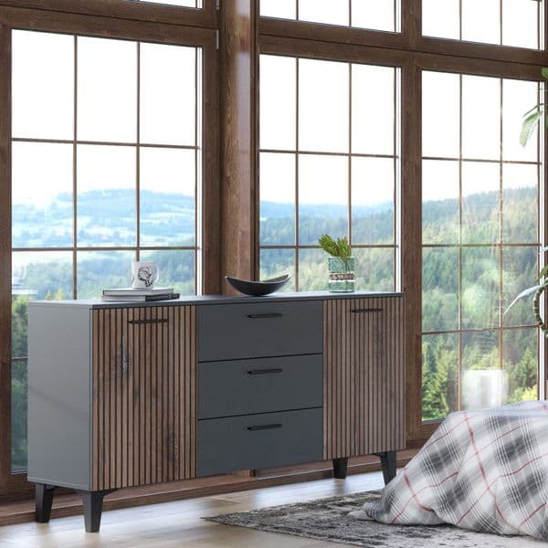 Ancona Dark Grey And Slated Rustic Oak Effect Large Wide with 2 Doors & 3 Drawer Sideboard