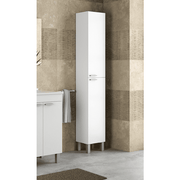 Lavish Kitchen Isle Serenade tall narrow bathroom cupboard in sleek white gloss with storage shelves and doors.