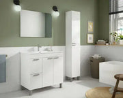 Lavish Kitchen Isle Serenade white gloss bathroom vanity cabinet with sink, mirror, 2 doors, and 2 drawers.