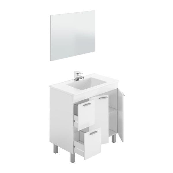 Serenade White Gloss 80cm Wide 2 Door 2 Drawer Bathroom Vanity Cabinet with Sink and Mirror