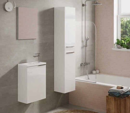 Lano White Gloss Floating Cupboard – 2 Door Wall-Mounted Bathroom Storage Unit