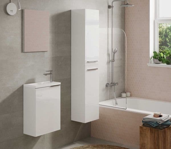 Milano-white gloss floating bathroom cupboard with two doors, wall-mounted storage unit by Lavish Kitchen Isle.