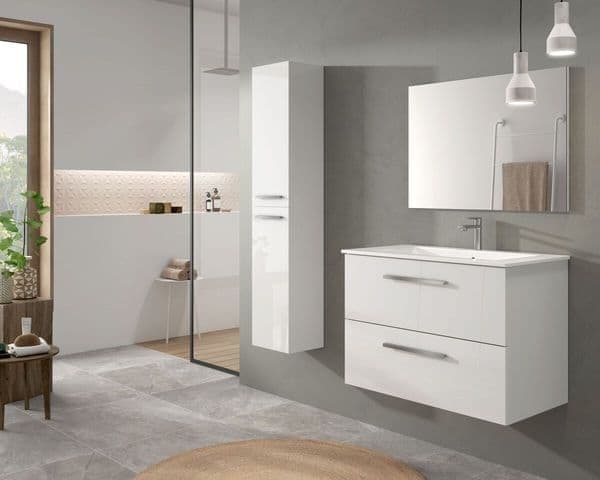 Lavish Kitchen Isle Lano White Gloss Floating Cupboard with 2 doors, wall-mounted bathroom storage unit, sleek Milano-white finish.