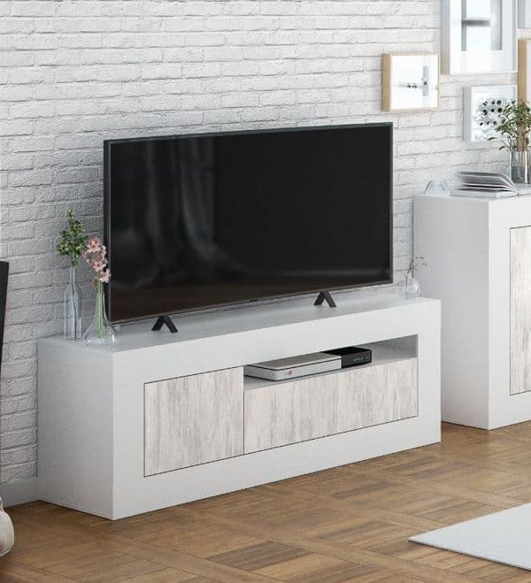 Tre-Wah White and Wood Effect Modern TV Stand Cabinet Unit with 2 Doors and Open Shelving