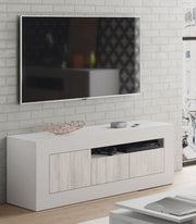 White and wood effect modern TV stand cabinet with 2 doors and open shelving, designed by Lavish Kitchen Isle.