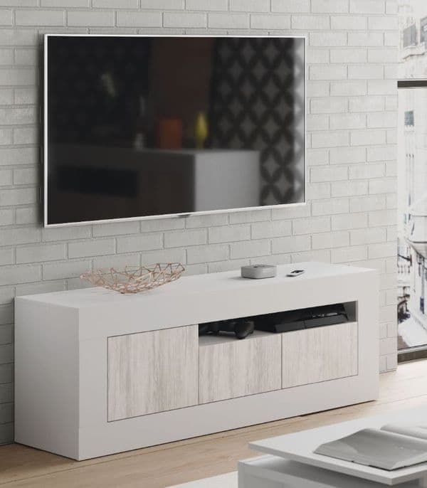 White and wood effect modern TV stand cabinet with 2 doors and open shelving, designed by Lavish Kitchen Isle.